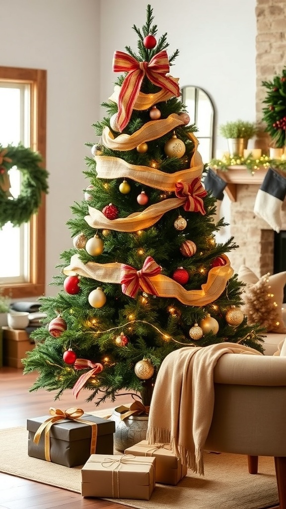 A 4-foot farmhouse Christmas tree decorated with rustic ornaments and lights in a cozy living room.